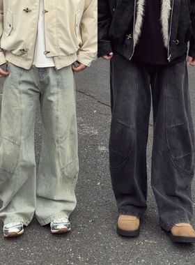 TOOTH YOUNG【牛魔王】水洗做旧美式街头男宽松弯刀牛仔裤