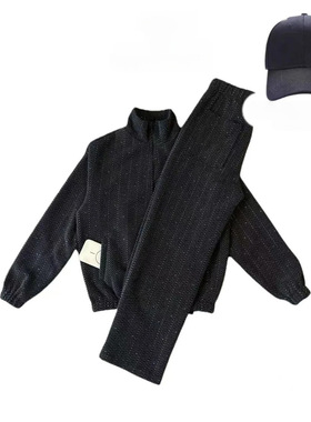TANSIR SAY秋冬毛绒立领色织拉链开衫套装休闲百搭黑色