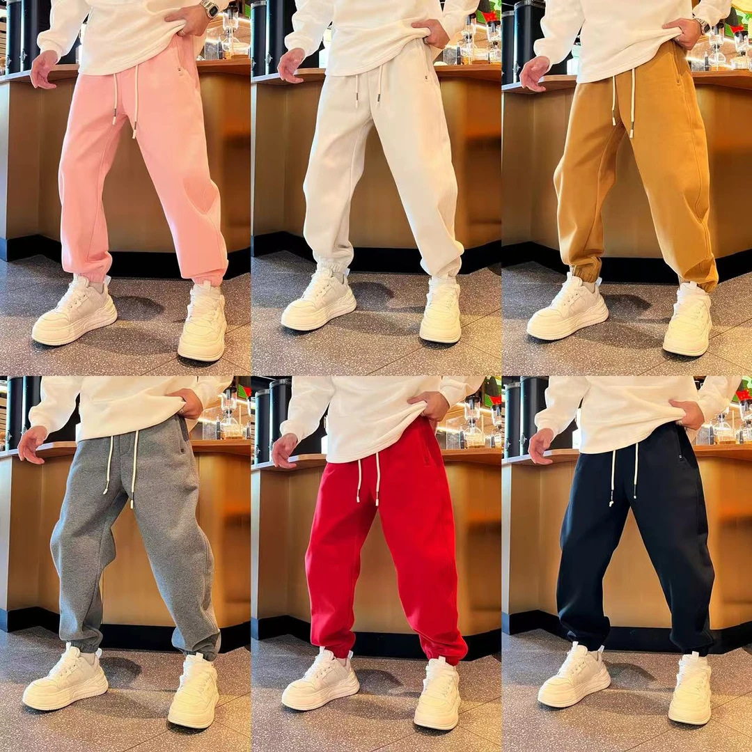 冬季新款百搭休闲时尚潮流简约个性纯色直筒宽松加绒男款休闲裤