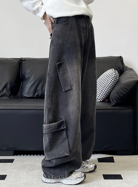 JAVE PASOK潮牌美式多口袋高街设计感男女牛仔裤宽松阔腿休闲长裤