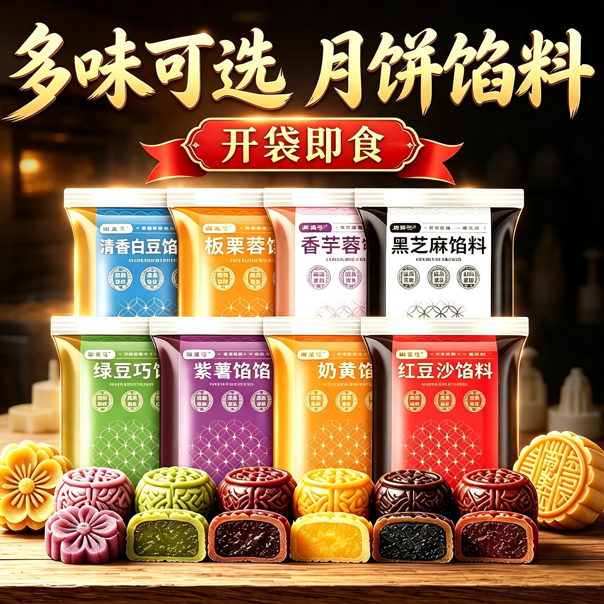 月饼馅料红豆沙馅莲蓉奶黄黑芝麻绿豆家用包冰皮广式月饼烘焙原料