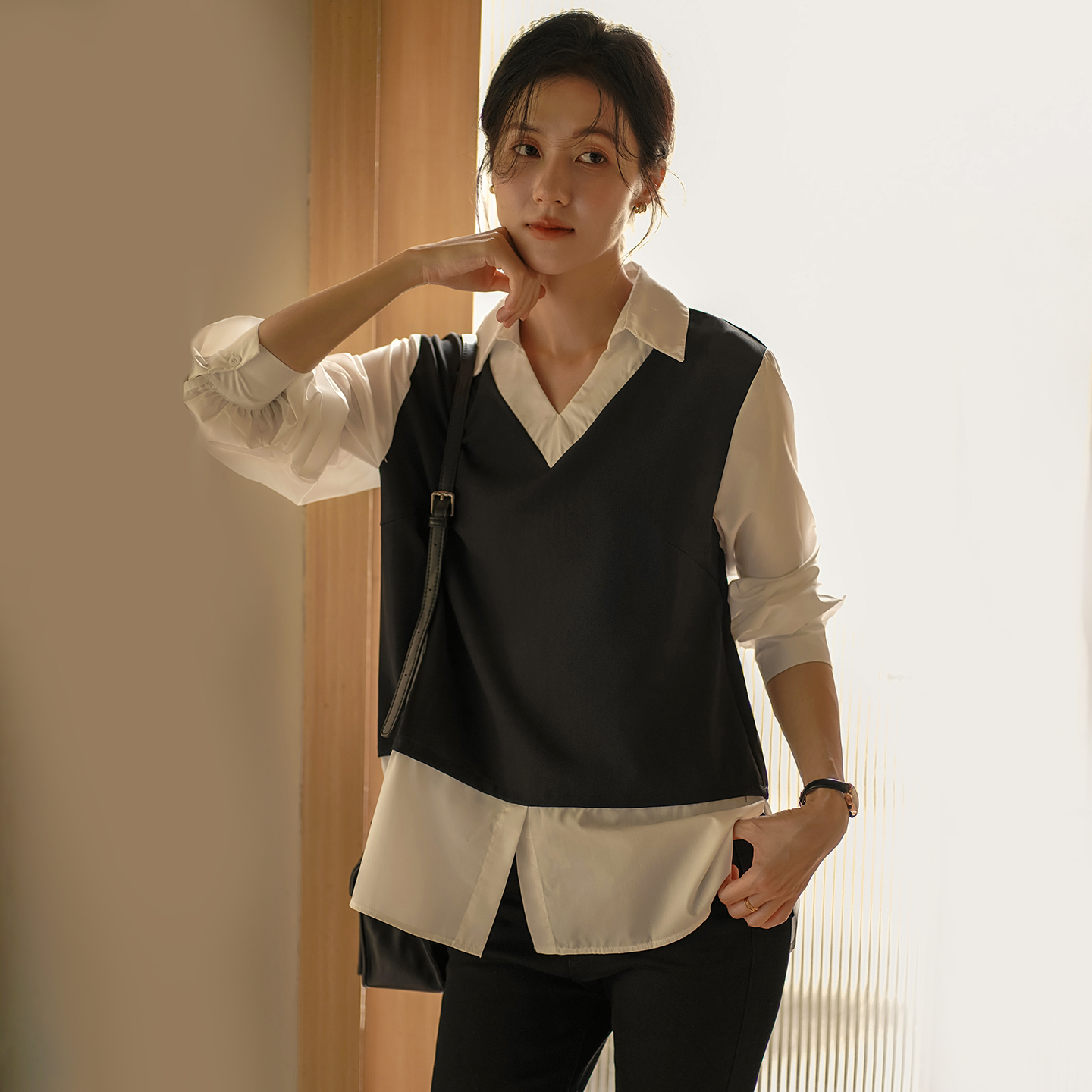 无谓韩式文艺2025秋季新款女装宽松假两件套头撞色拼接翻领衬衫女