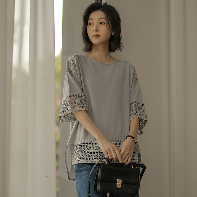 无谓韩式文艺2026夏季新款女装半袖拼接蕾丝花边蝙蝠衫T恤女上衣