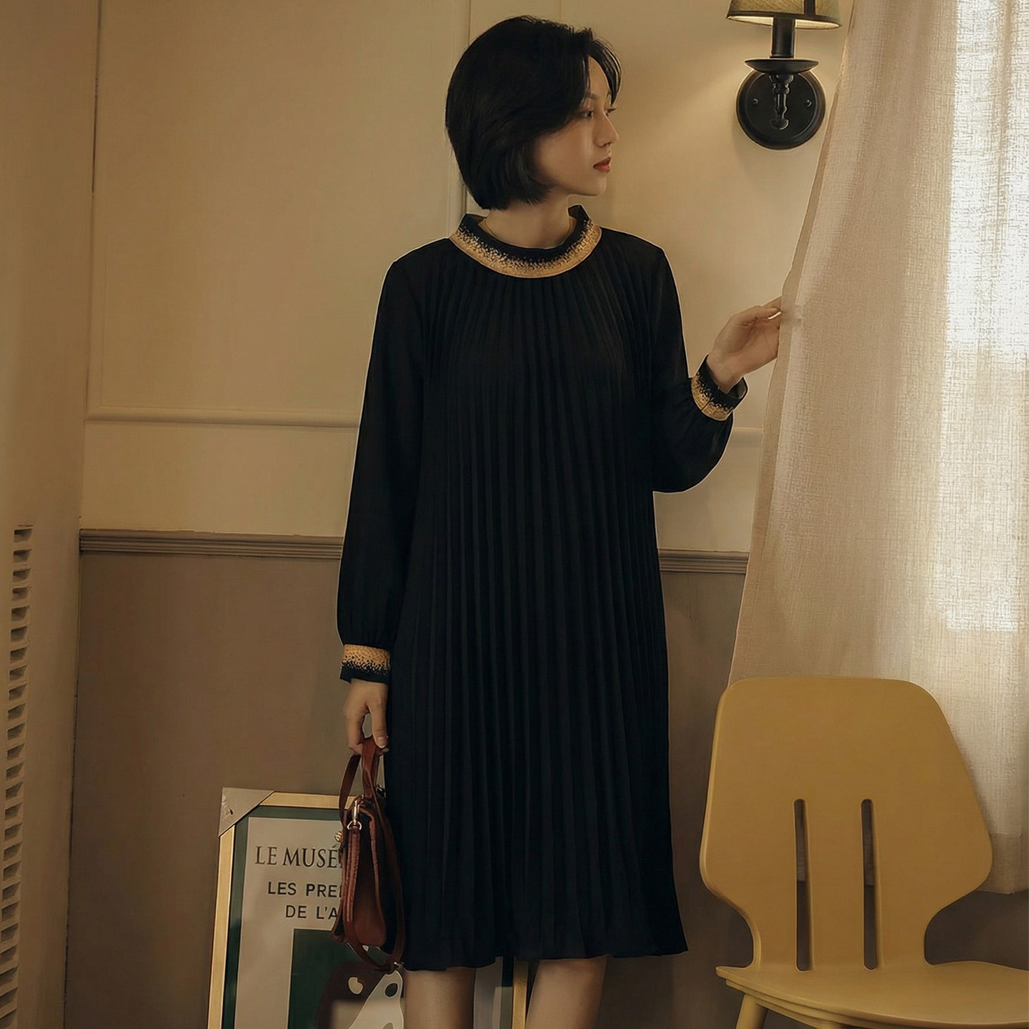 无谓2026春新款女装立领撞色气质长袖A字裙遮肉显瘦压褶连衣裙女,女装/女士精品,连衣裙,淘宝优惠券,粉丝福利购,淘宝优惠卷