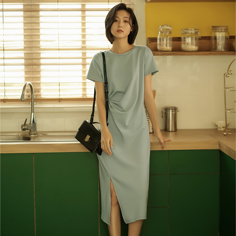 无谓开叉过膝长裙女2023新款夏季女装宽松显瘦短袖气质百搭连衣裙