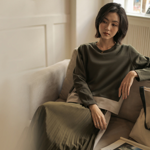 无谓韩式文艺2023秋季新款女装设计感小众假两件圆领百褶连衣裙女