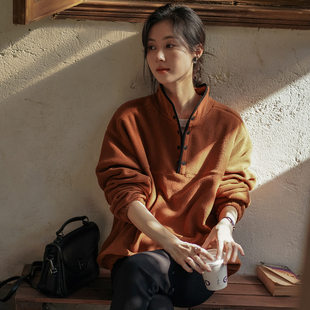 宽松撞色立领半开衫 女装 摇粒绒气质卫衣女 文艺2025冬新款 无谓韩式