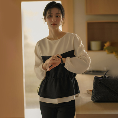 无谓韩式文艺2025秋季新款女装抽绳收腰撞色拼接假两件长袖T恤女