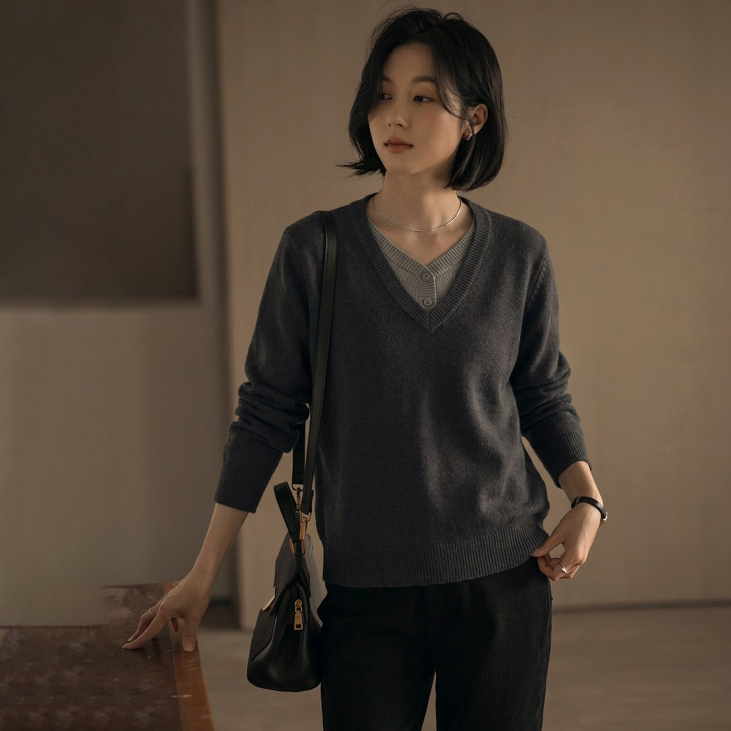 无谓韩式文艺2025冬新款女装宽松内搭针织衫气质显瘦假两件毛衣女