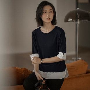 圆领宽松显瘦撞色拼接T恤女上衣 无谓韩式 文艺2025年夏季 新款 女装