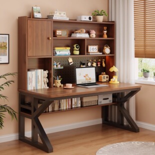 台式电脑桌卧室家用书桌书架一体靠墙学习桌实木带洞洞板书架桌子