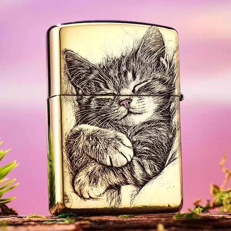 zippo打火机正版防风煤油鹰皇仰望睡猫盔甲双面雕刻镶嵌送礼收藏