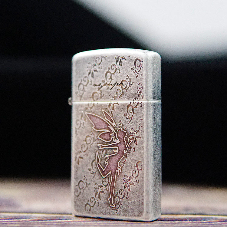 zippo芝宝打火机古银纤巧窄机女士用小飞仙小巧复古送礼情侣对机