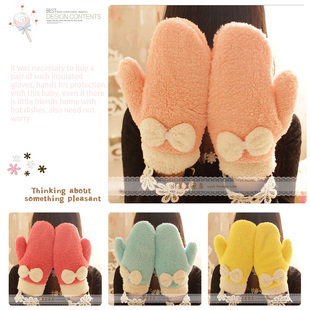 韩版冬季珊瑚绒蝴蝶结女士手套 可爱秋女毛线加厚连指手套