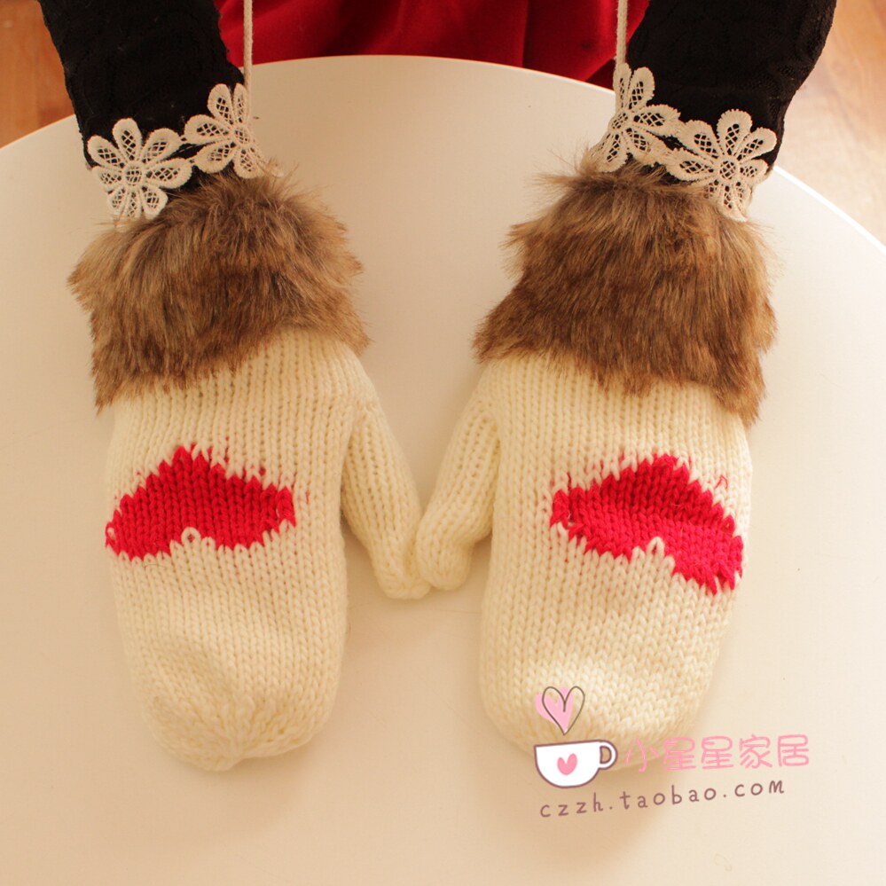 手套女冬季可爱学生 卡通日系挂脖毛线包指加厚骑车保暖棉手套