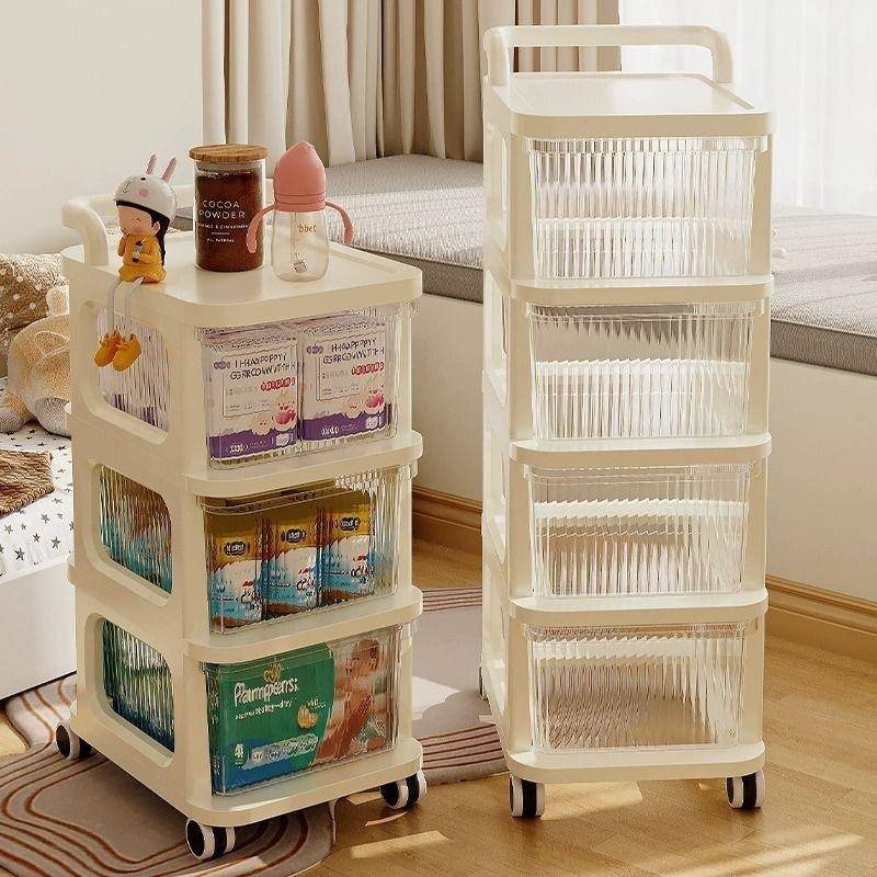 小推车零食置物架婴儿用品收纳柜落地可移动宝宝玩具储物架奶油风