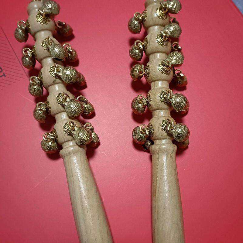 黄铜棒铃非遗手工哗啦棒桃木和拨浪鼓纯羊皮老式复古铃铛婴儿可啃