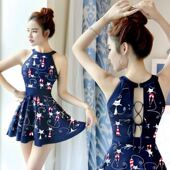 泳衣女新款 保守温泉泳池游泳装 露背裙式 遮肚显瘦挂脖聚拢韩国大码