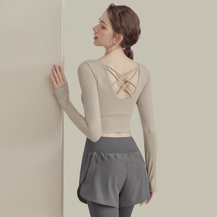 长袖瑜伽服上衣带胸垫春秋保暖修身普拉提健身跑步交叉露背训练服