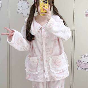 初冬薄绒睡衣冬天可爱毛绒娃娃领法兰绒睡衣女款学生少女家居服
