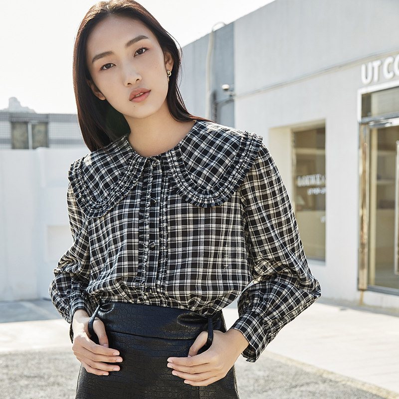 捻集秋季新款娃娃领格子衬衫女设计感小众泡泡袖衬衣女上衣