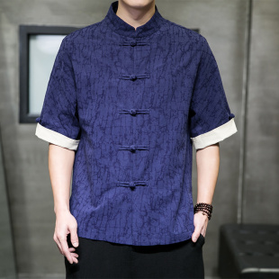 中式唐装男款高级中老年亚麻短袖衬衫中国风男装夏季居士服衣服