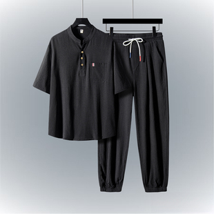 【两件套】省除搭配烦恼！2025夏季冰丝休闲服男款套装唐装新中式