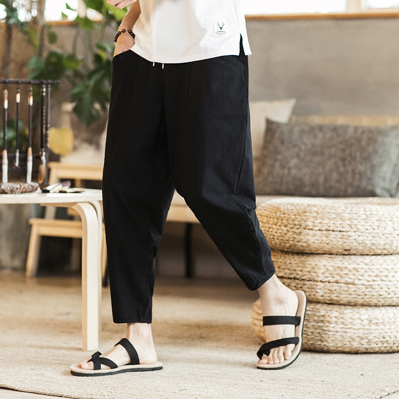 中国风夏季直筒宽松亚麻七分裤