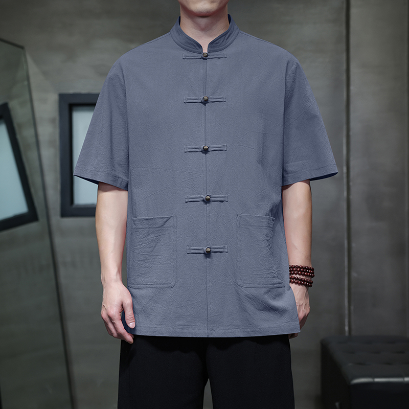 复古唐装新中式中国风男装亚麻衬衫夏季棉麻短袖衬衫夏天衣服茶服