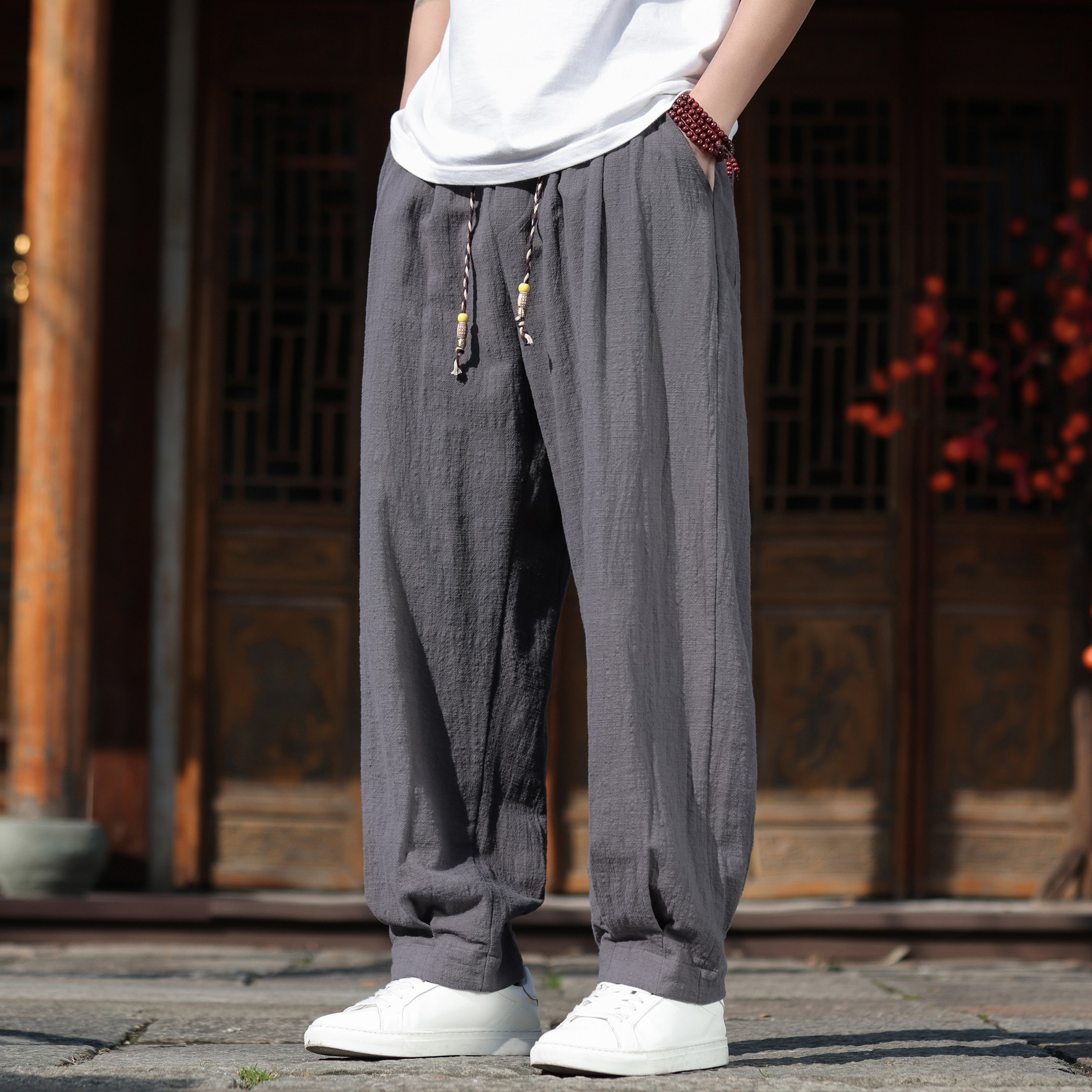 夏季薄款唐装裤子男民族风纯棉直筒休闲长裤大码松紧腰百搭阔腿裤