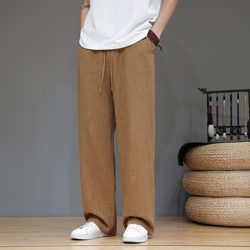 2024新款冰丝亚麻裤直筒裤宽松阔腿裤中国风唐装男款裤子大码男装
