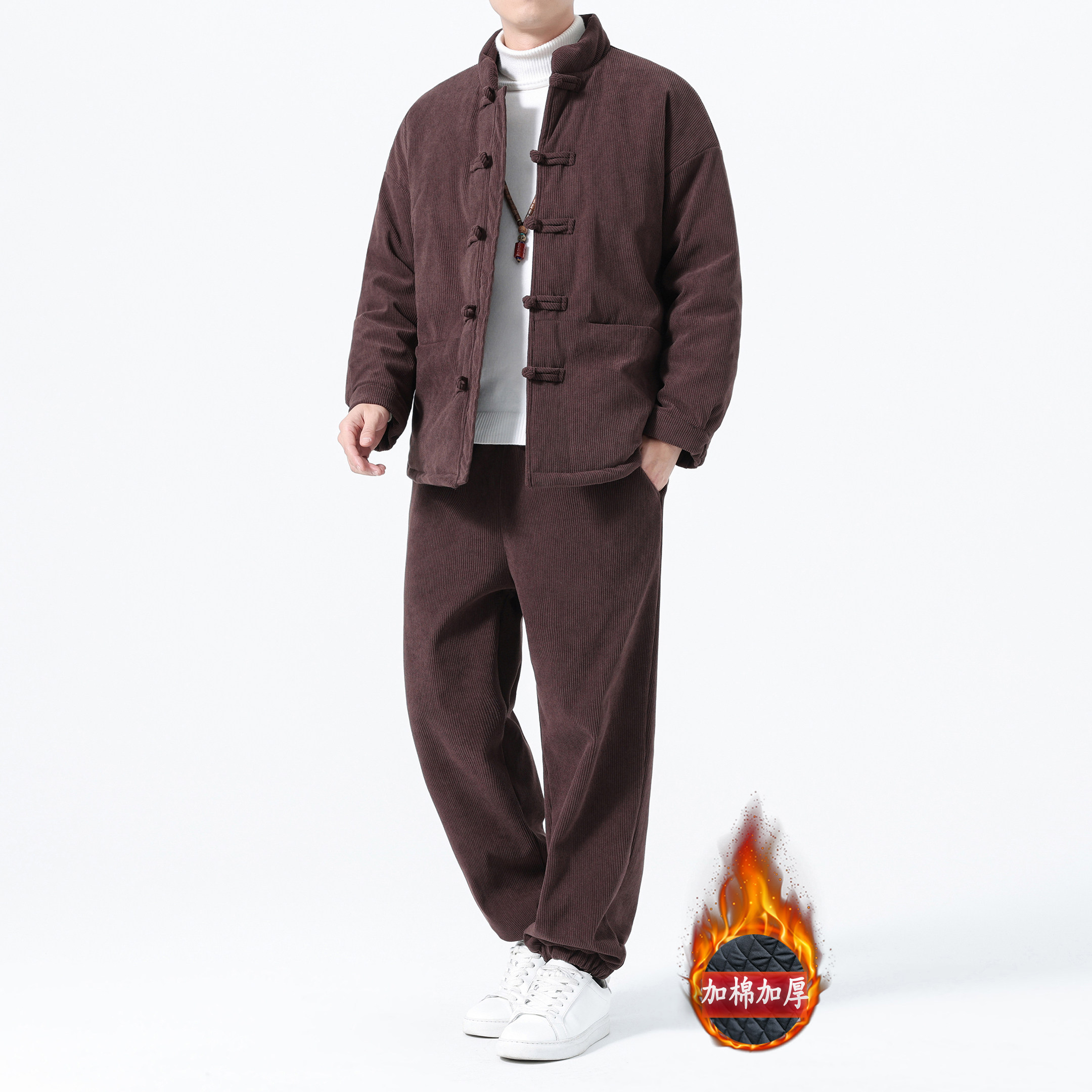 冬季新款厚棉衣套装男中式立领休闲唐装中山装复古灯芯绒棉服外套