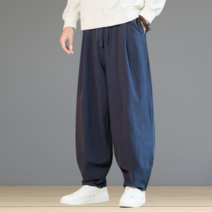 2025冬季棉麻厚款灯笼裤男士休闲裤宽松大码哈伦裤直筒中国风裤子