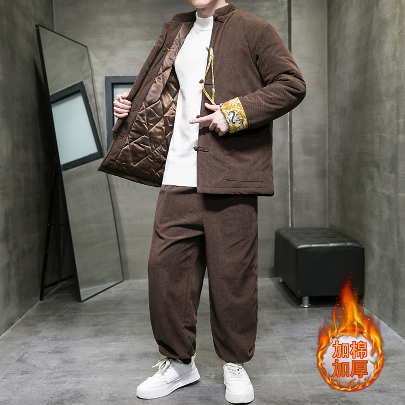 （一套）新中式唐装男中国风冬季加棉棉衣套装复古灯芯绒东北棉袄