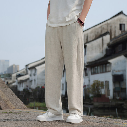 高端品质新中式国风裤子男款亚麻休闲裤2024夏季新款直筒纯棉麻裤
