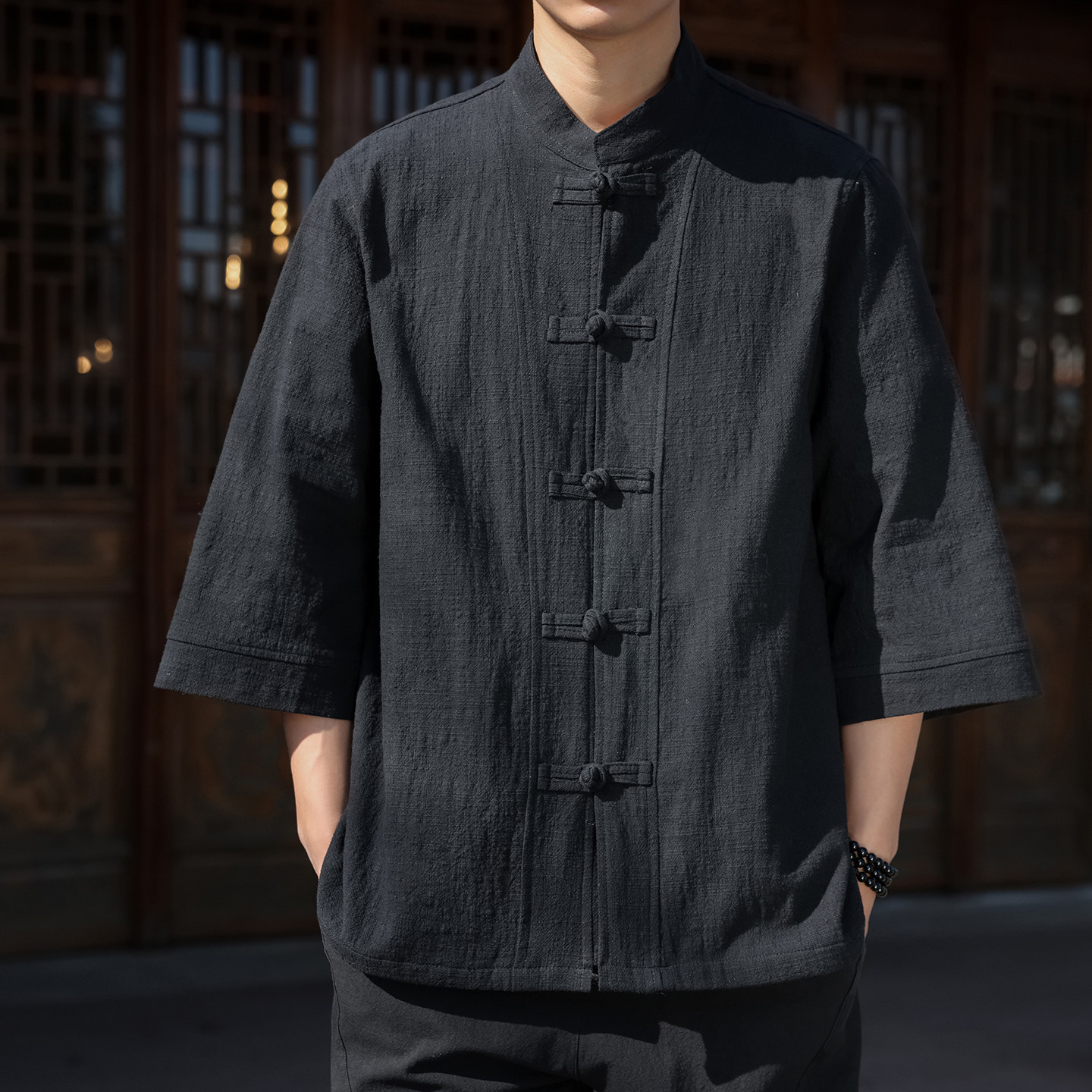 2026唐装男七分袖衬衫中国风棉麻复古汉服中山装茶服晨练太极服
