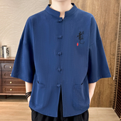 立领七分袖 衬衫 亚麻上衣夏季 中国风棉麻t恤男中式 大码 薄款 中袖 潮