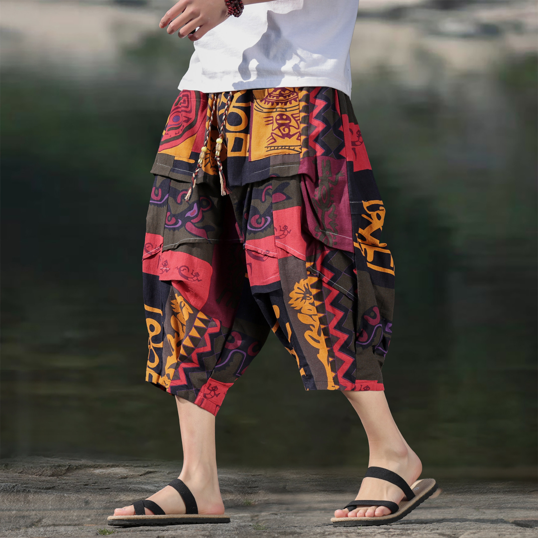 夏季民族风复古纯棉七分裤男士宽松阔腿哈伦裤大码胖子休闲薄裤子