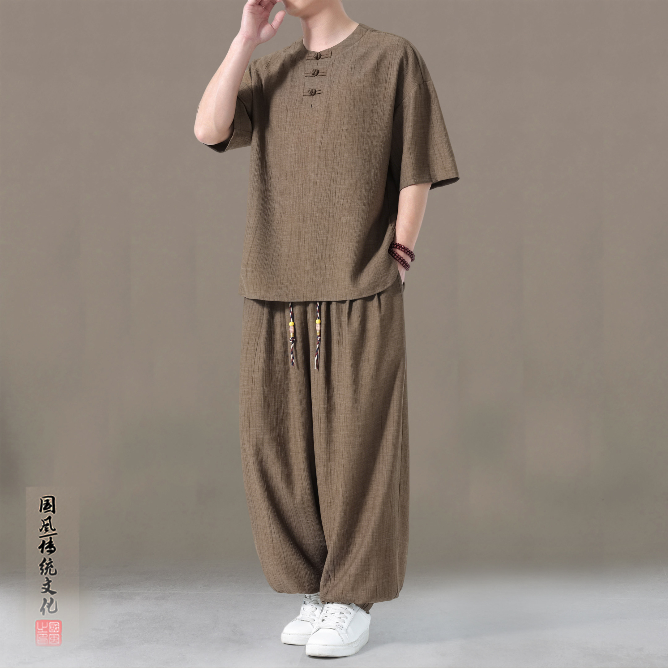 [上衣+裤子]夏季爸爸装短袖套装薄款休闲运动服中国风唐装中老年