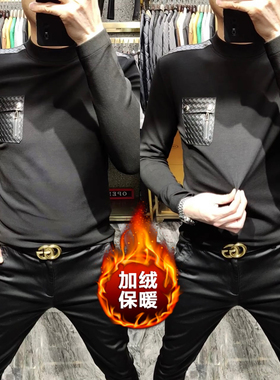 C6607欧货秋冬男士新款长袖t恤男拼皮小衫百搭舒适休闲加绒上衣男