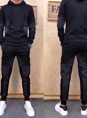 秋冬男士新款撞色卫衣长裤套装弹力舒适拼接透气针织两件套帅T016