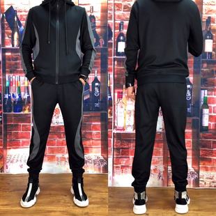 T011春季男装男士连帽外套小脚裤子两件套拼接休闲运动套装潮流帅