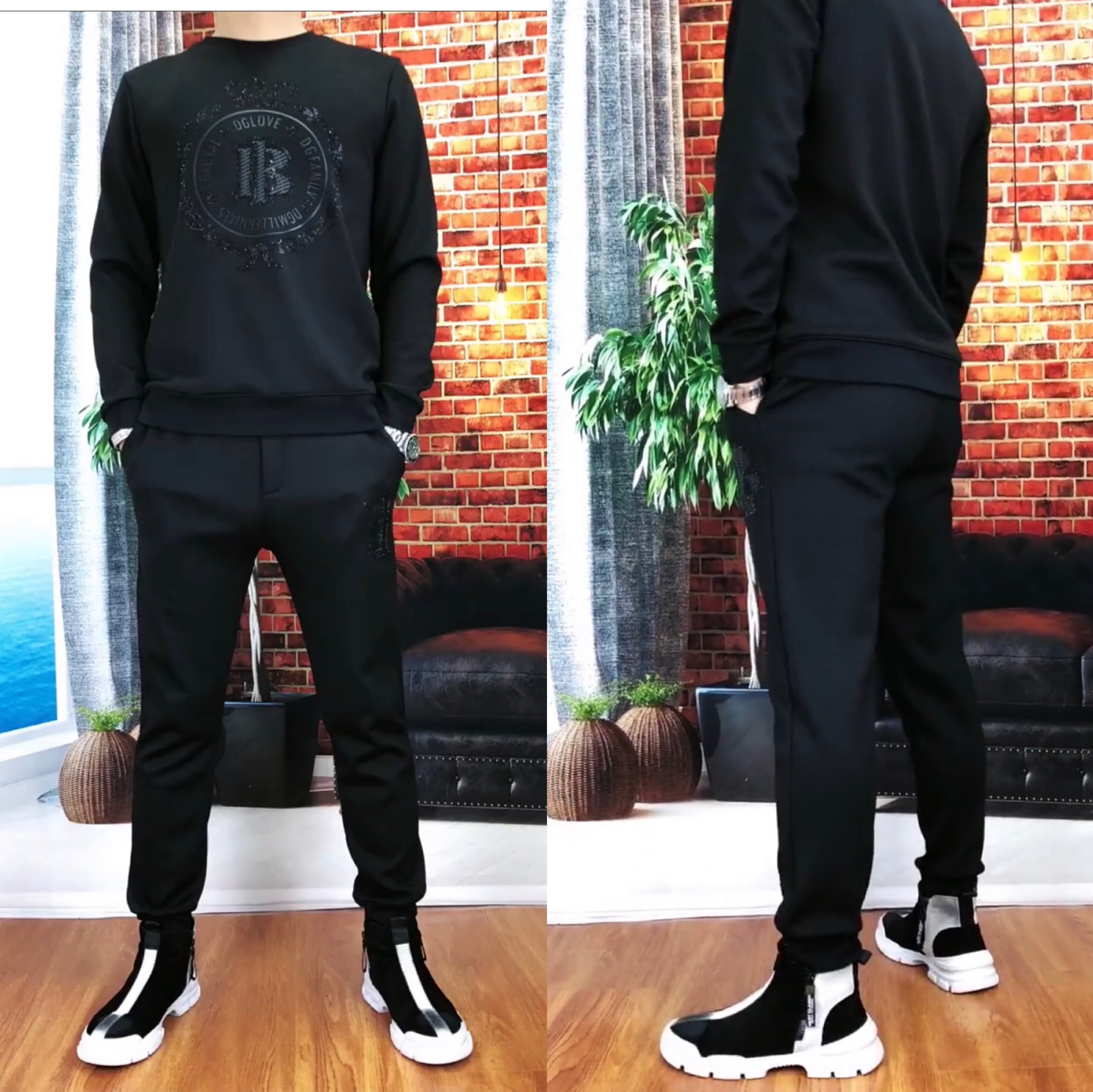 男士春秋加绒加厚保暖套装舒适弹力带绒两件套男网红同款套装T024