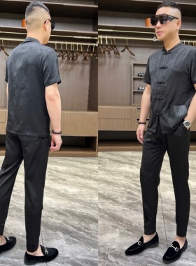 欧货夏季男士套装中国风黑色盘扣拼皮唐装男短袖休闲两件套22101