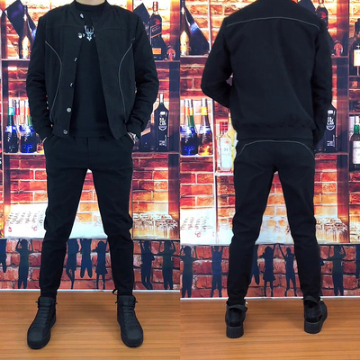 秋季男黑色牛仔外套休闲裤两件套