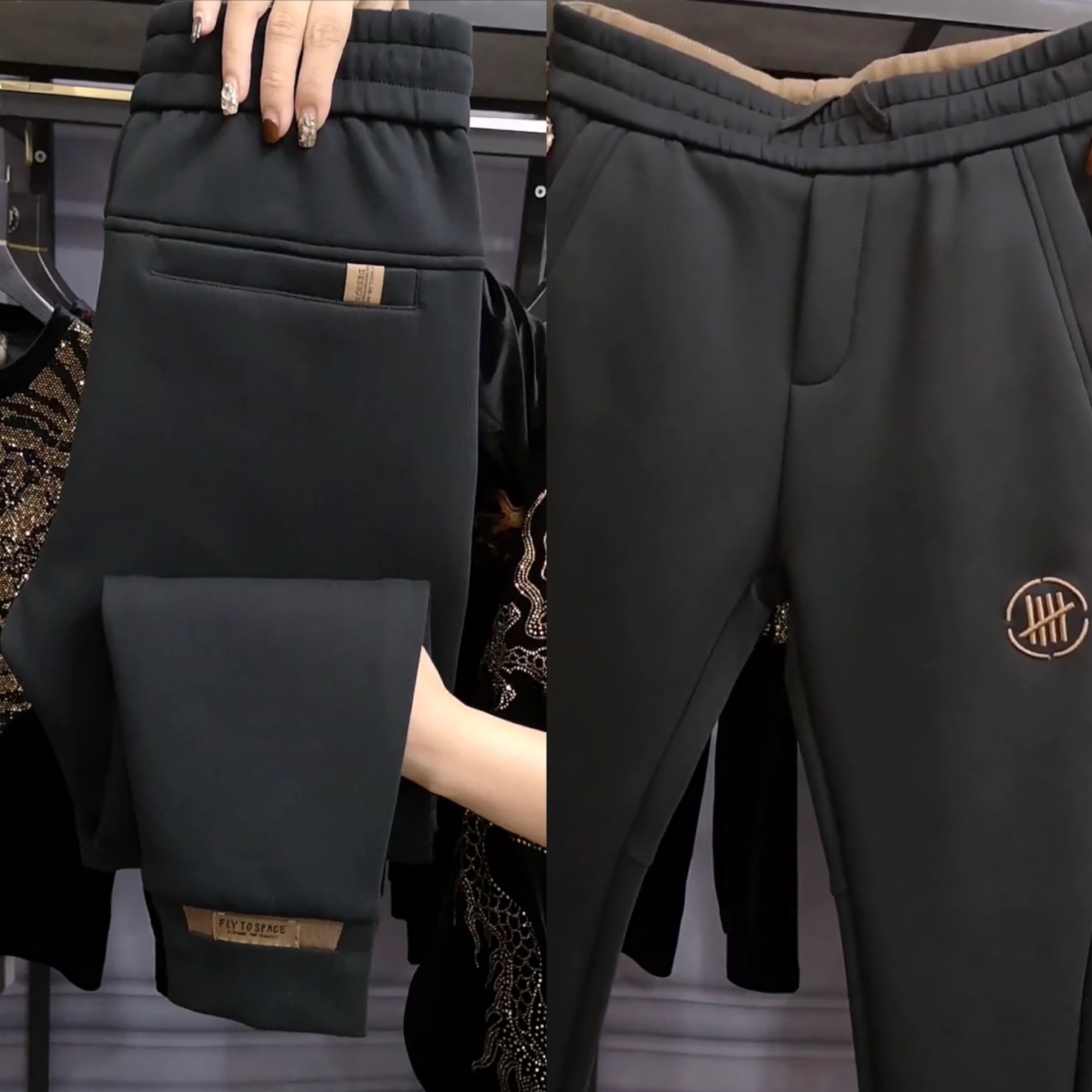 春季男士休闲裤加绒加厚修身小脚裤春装带绒保暖黑色简单刺绣072