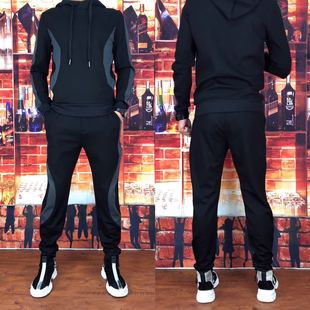 Y18 抖音男士春季新款套装韩版修身长袖长裤两件套休闲拼接潮流男