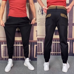 春秋男士休闲裤加绒加厚修身小脚黑色简单裤子春季带绒男裤潮K153