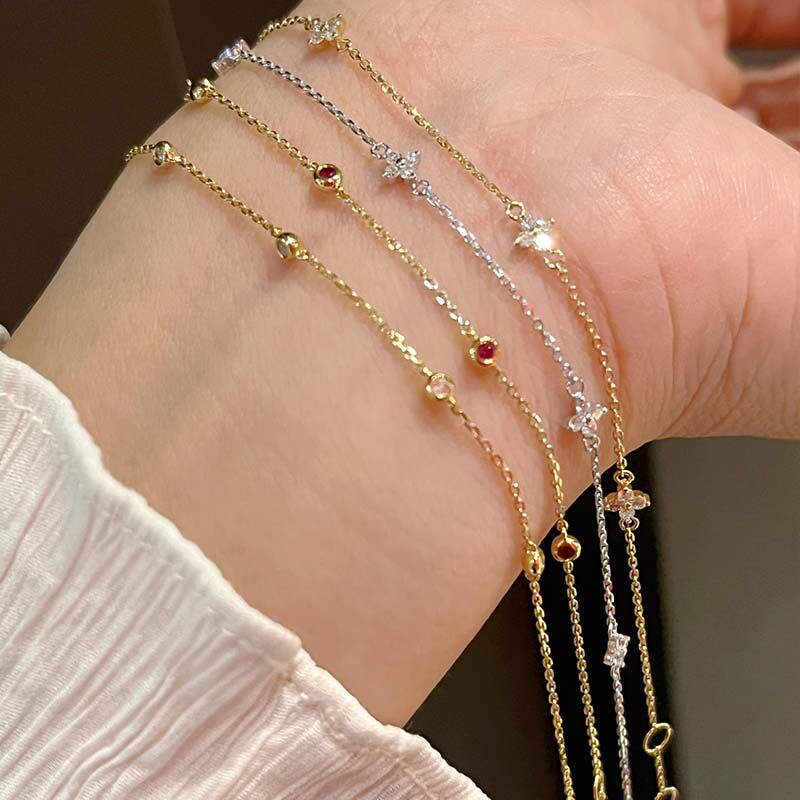 ZJ珠宝18k金四叶草满天星钻石手链红宝石镶钻时尚送女友礼物