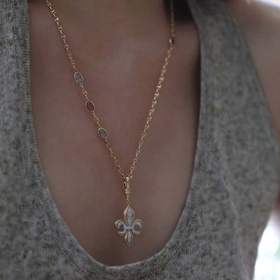 ZJ珠宝18k金鸢尾花钻石吊坠拉丝万能扣链坠ins风百搭复古项坠